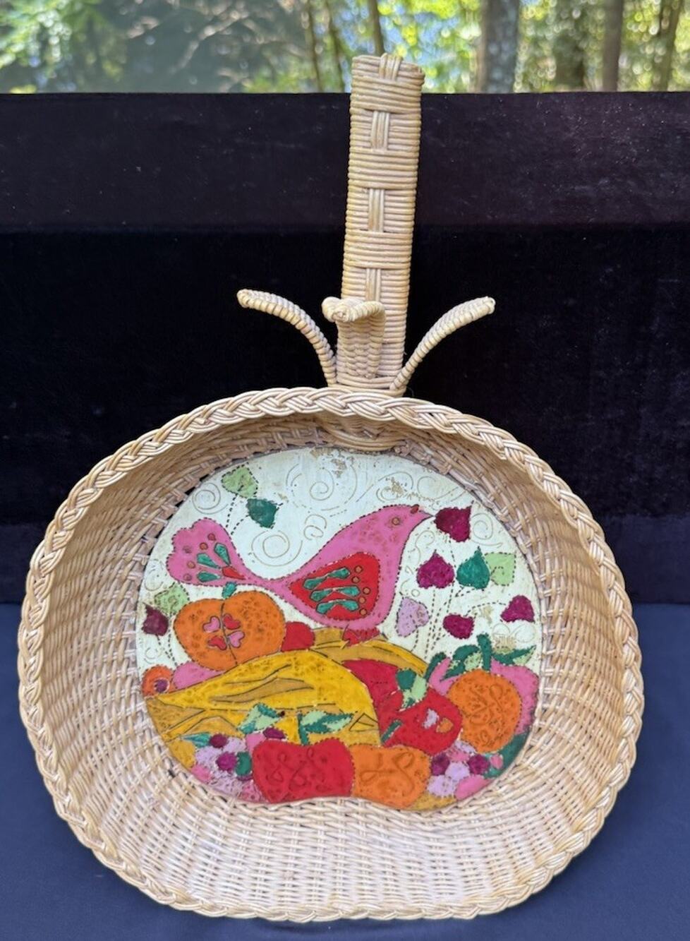 Rare Beautiful Mexican Wicker Wood Pottery Tray Basket Signed! Colorful!